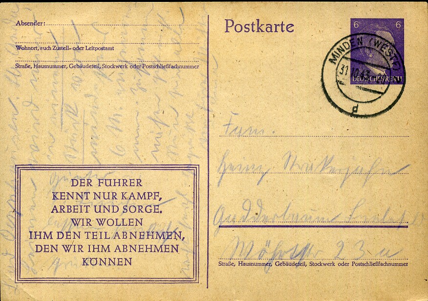 Der Führer kennt nur Kampf, Arbeit und Sorge. Wir wollen ihm den Teil abnehmen, Den wir ihm abnehmen können. - Eindruck - Ganzsache