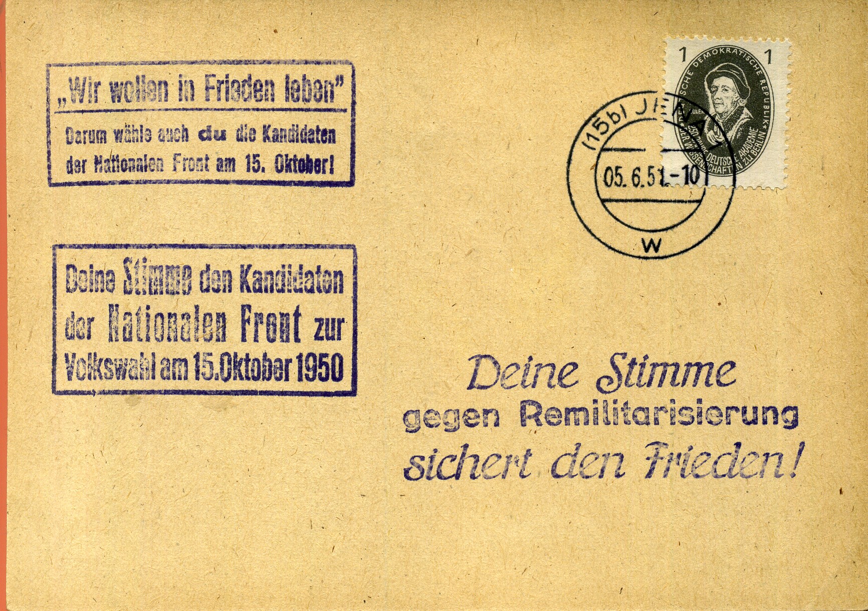 Deine Stimme gegen Remilitarisierung sichert den Frieden! - Handstempel - violett - Jena