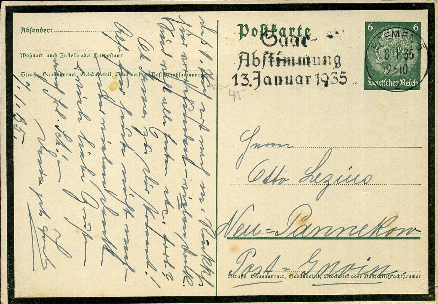 Saar-Abstimmung 13. Januar 1935 - Maschinenwerbestempel - Bremen