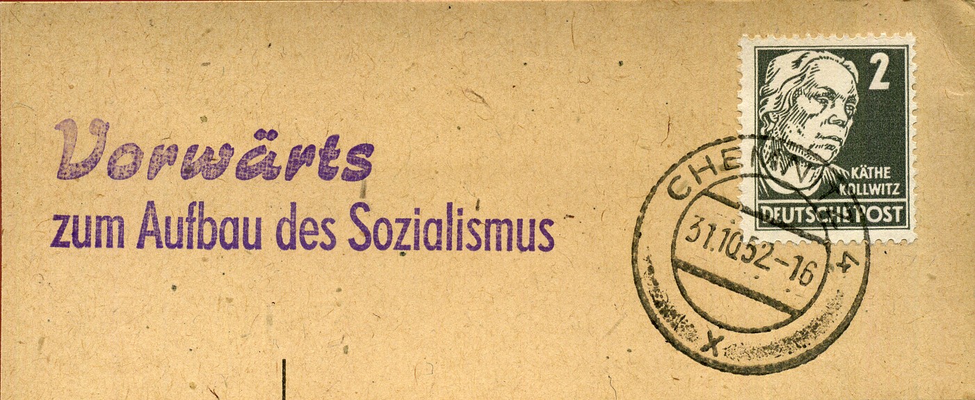 Vorwärts zum Aufbau des Sozialismus - Handstempel - violett - Chemnitz 4
