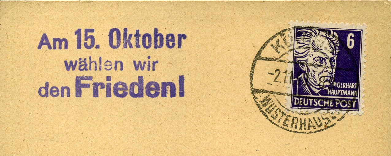 Am 15. Oktober wählen wir den Frieden! - Handstempel - violett - Königswusterhausen