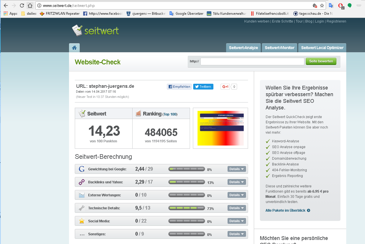 Screenshot eines Ergebnisses von seitwert.de zu meiner Webseite.