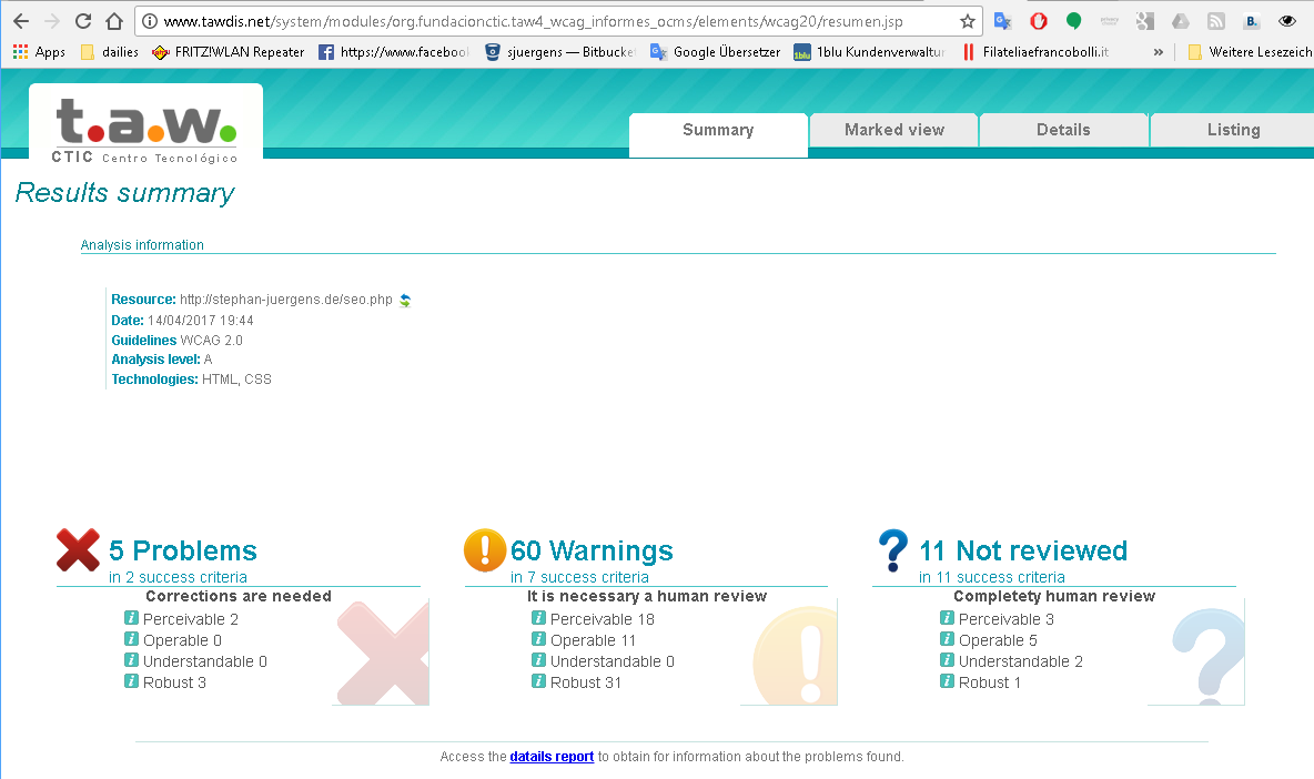Screenshot eines Ergebnisses von TAWDIS zu meiner Webseite.
